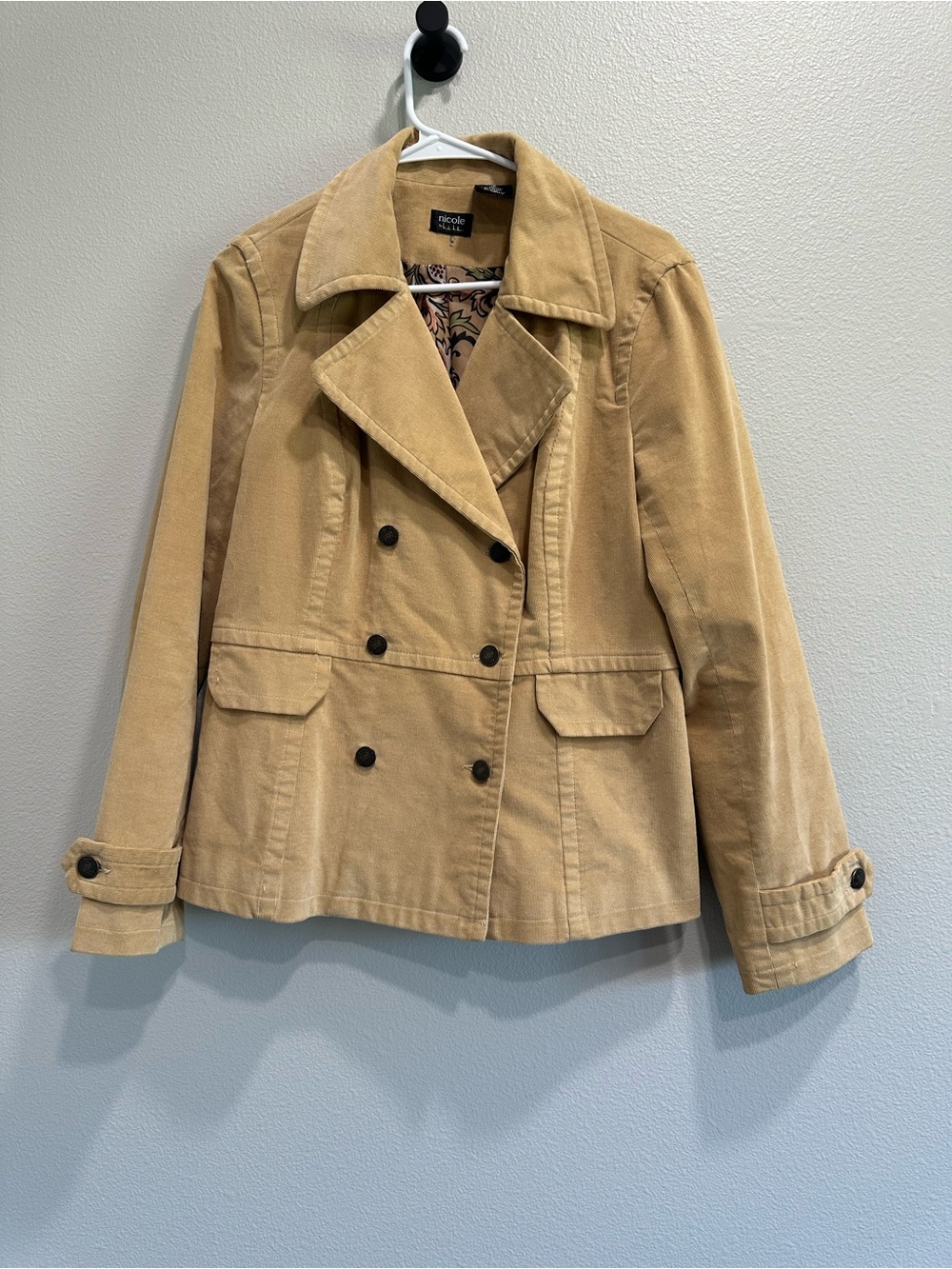 Nicole Miller Tan Double-Breasted Corduroy peacoat Jacket,size 12